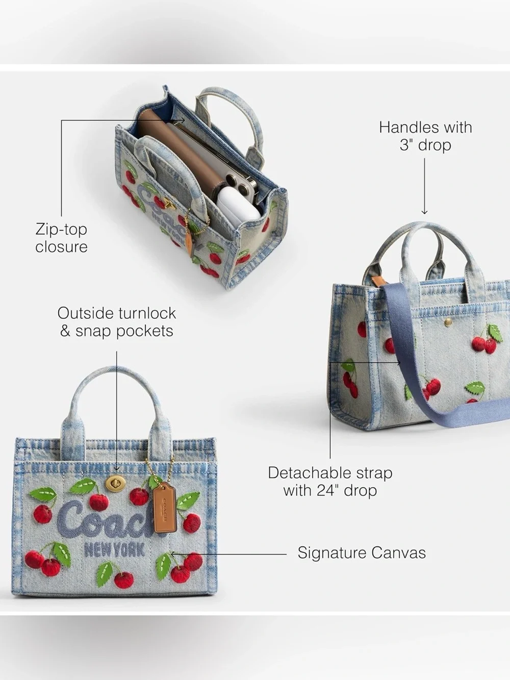 Coach Cargo Tote bag 20 with Red Cherry Embroidery